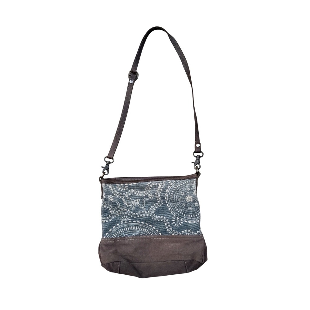 Myra Bag Blue Paisley‎ Canvas Leather Trim Crossbody Bag Boho Messenger S-1234